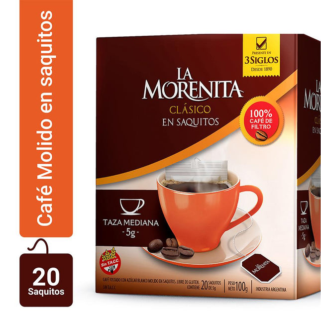 Café molido en saquitos Sin TACC La Morenita, 100 g / 3,52 oz (Caja de 20 saquitos)