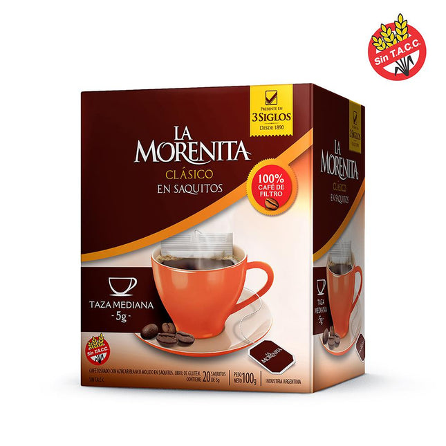 Café molido en saquitos Sin TACC La Morenita, 100 g / 3,52 oz (Caja de 20 saquitos)