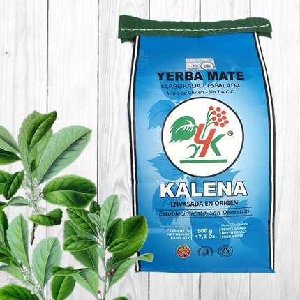 Yerba mate Kalena Suave Orgánica sin palo Sin TACC, 500 g / 17,63 oz (Paquete Azul)