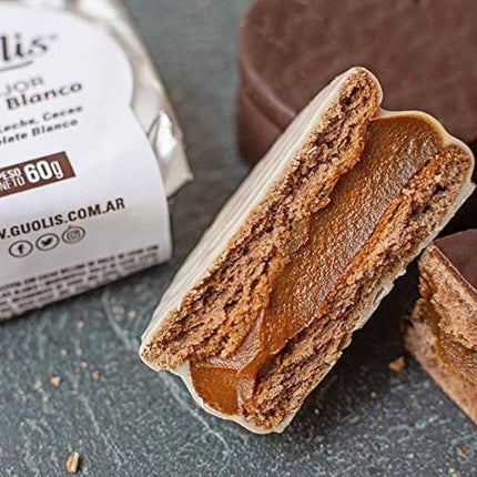 Alfajores Guolis de Chocolate Intenso Blanco con Dulce de Leche, 60 g (Seis unidades)