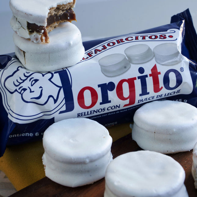 Mini alfajores Jorgito with dulce de leche and white chocolate, 160 g (pack of 6)