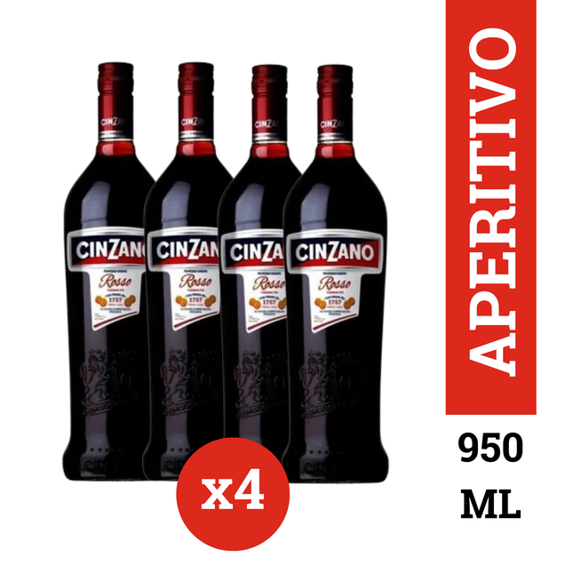 Cinzano Rosso Vermut Italiano pack x4 botellas 950 ml – aperitivo clásico para cócteles Negroni y Americano