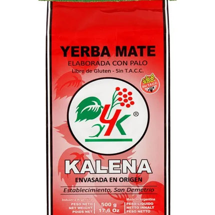 Yerba mate Kalena Orgánica Con Palo Sin TACC, 500 g / 17,63 oz (Paquete Rojo)