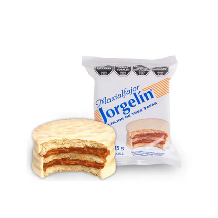 Paquete de 6 Alfajores Jorgelín Triple Blanco rellenos de Dulce de Leche, 85 g / 2.65 oz cada uno