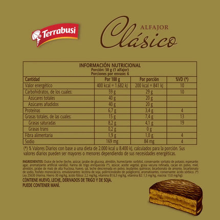 Alfajor Terrabusi Clásico de Chocolate, 50 g / 1,76 oz (Paquete de 6)