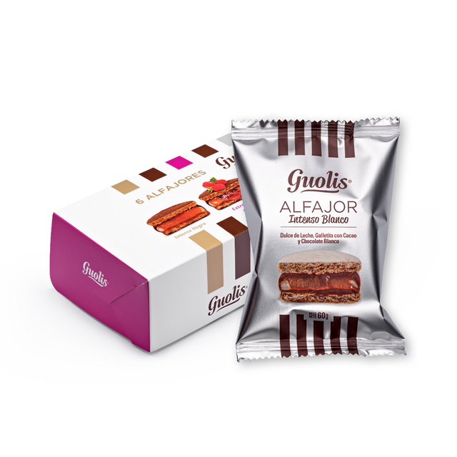 Alfajores Guolis de Chocolate Intenso Blanco con Dulce de Leche, 60 g (Seis unidades)