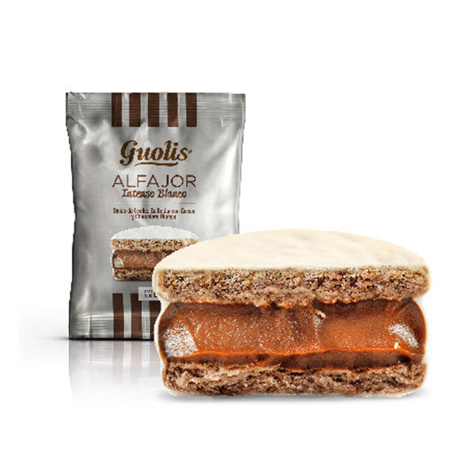 Alfajores Guolis de Chocolate Intenso Blanco con Dulce de Leche, 60 g (Seis unidades)